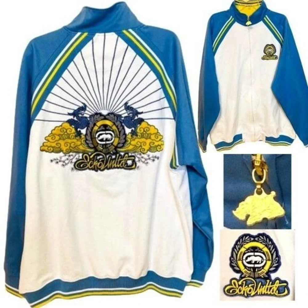 Ecko Unltd rhino big logo blue dragons gold tone logo charm varsity jacket XL‎